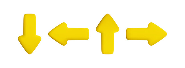 Vector cartoon 3d yellow arrows set. Cute realistic up, down, left and right arrow icon isolated on white background. 3d render direction pointer, plastic click cursor button, for infographic, app.