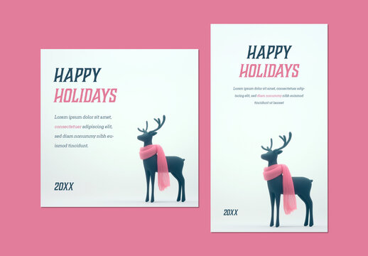 Christmas Social Post With Reindeer Illustration and Pink Accent, Generative ai