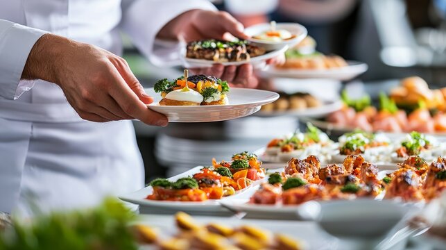 In a restaurant, waitstaff members prepare food for a buffet table. The caterer sets up a spread of appetisers on a table for service. expertly catered event with a focus on diversity and appearance.