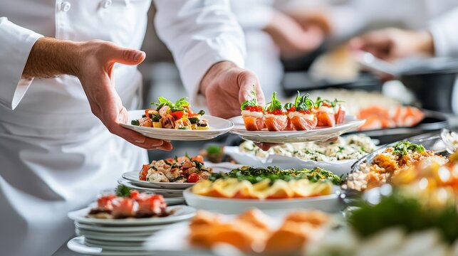 In a restaurant, waitstaff members prepare food for a buffet table. The caterer sets up a spread of appetisers on a table for service. expertly catered event with a focus on diversity and appearance.