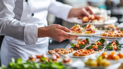 In a restaurant, waitstaff members prepare food for a buffet table. The caterer sets up a spread of appetisers on a table for service. expertly catered event with a focus on diversity and appearance.