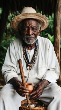 Create an image of Preto Velho, a wise and compassionate elder spirit from the Afro-Brazilian Umbanda tradition