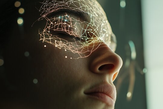 A person focuses intently as neural patterns light up on their face, demonstrating an innovative brain-computer interface in action, capturing the essence of advanced technology. Generative AI