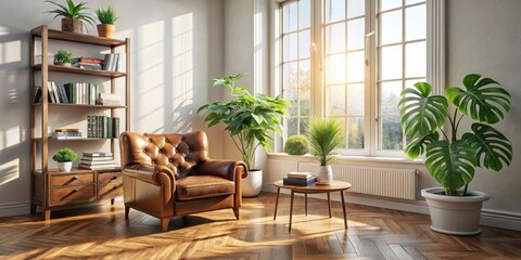 Fototapeta premium A sunny living room with a large window, a leather armchair, a wooden bookshelf, and a potted plant