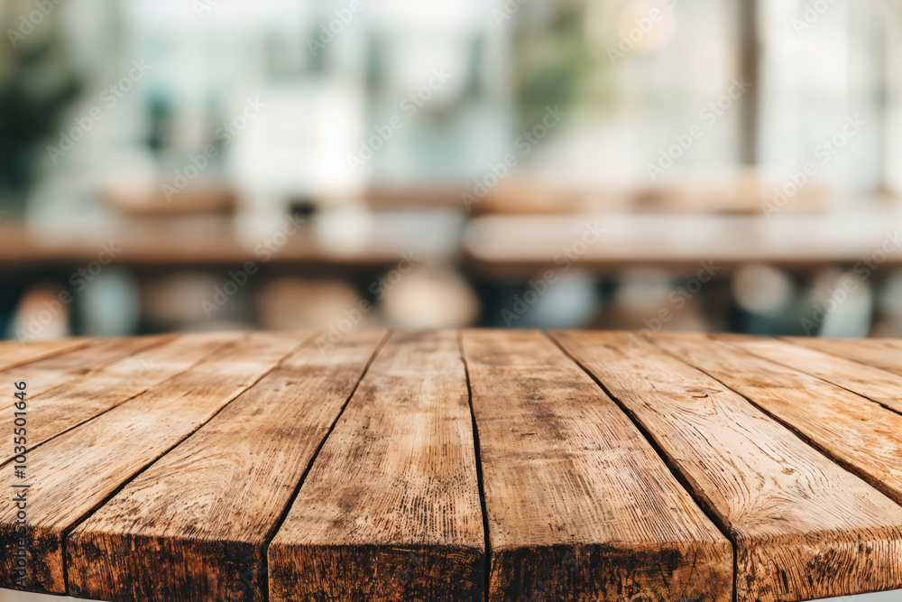 Aufkleber empty wooden table surface for product placement with blurred cafe interior in background