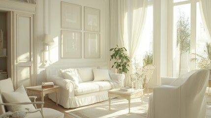 Bright, elegant small living room with white furniture, soft beige accents, and light wood touches