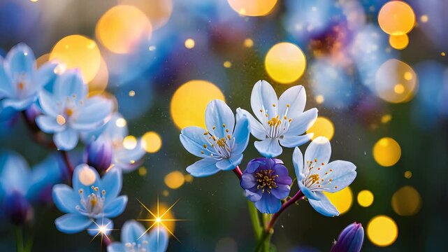 Bright Spring Flowers with Golden Bokeh Lights in Background

