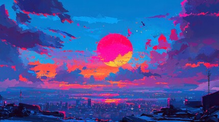 Obraz premium Vibrant Evening Cityscape, A hand-drawn colorful landscape showcasing a stunning sunset over an urban skyline, perfect for art prints, cards, or decorative wallpapers.