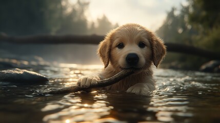 Golden Retriever Puppy Fetching a Stick