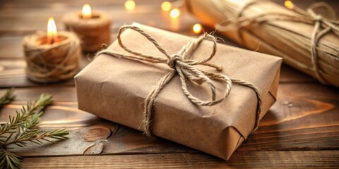 Fototapeta premium Rustic Gift Wrapped in Brown Paper with Twine Bow, Adorned with Candles and Pine Branch on a Wooden Table