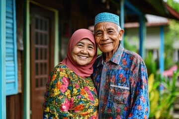 Naklejka premium senior couple in traditional clothing smiling proudly in front of their home, celebrating cultural heritage and lifelong companionship