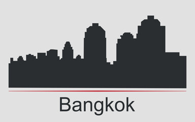 Obraz premium Black silhouette of city skyline in Bangkok, Thailand, emphasized by red line with text. Vector on a gray background