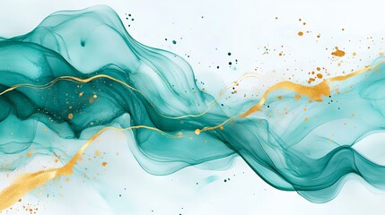 Elegant card design with modern watercolor background in teal or turquoise green ink waves and golden splashes - ideal for birthday invites, weddings, and menus
