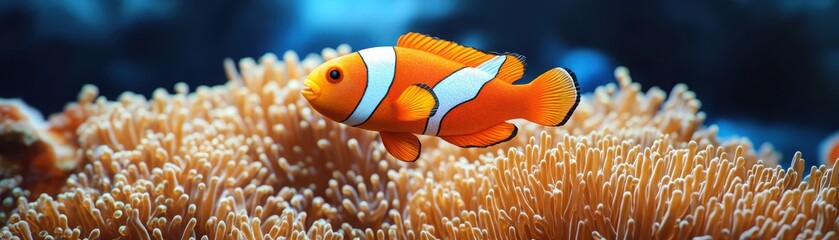 Naklejka premium A vibrant clownfish swimming gracefully among colorful coral, showcasing the beauty of marine life in a serene underwater scene.