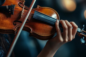 A violinist's hands gracefully maneuver the strings of a violin as they perform passionately during a concert. The atmosphere is intimate and filled with emotion. Generative AI