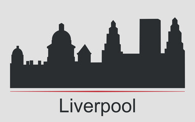 Fototapeta premium Black silhouette of the city skyline in Liverpool, England is emphasized by red line with text. Vector on a gray background