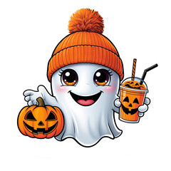 Halloween theme cute cartoon ghost, kawaii style, orange knit hat with pom-pom, big sparkly eyes, pumpkins with white background 