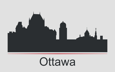 Black silhouette of Ottawa city skyline, Canada, emphasized by red line with text. Vector on a gray background