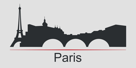 Obraz premium Black silhouette of Paris city skyline, France, emphasized by red line with text. Vector on a gray background