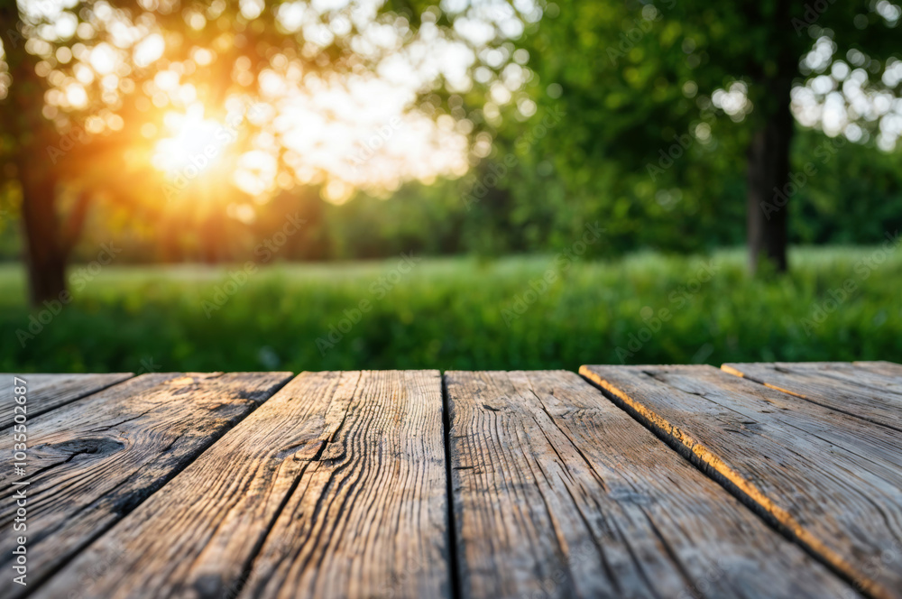Poster empty wooden table perspective showing a blurred green park at sunset with copy space