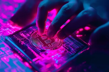Hands interact with a smartphone displaying a cryptocurrency in a vivid neon-lit environment, showcasing the digital currency exchange process. Generative AI