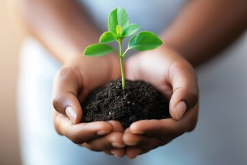 Two hands cradle a delicate sprouting plant nestled in dark, fertile soil, representing care, growth, and the promise of new beginnings in nature. Generative AI