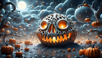 halloween pumpkin and ghost, magical pumpkin field in a misty halloween night under full moon