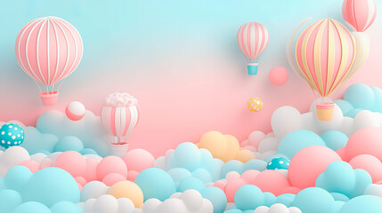Background in pastel colors for children with clouds and hot-air balloons