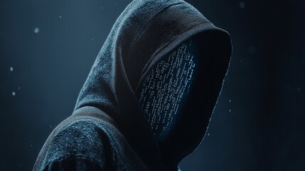A cloaked figure stands with their back to an unseen audience, using a digital display of binary code instead of a face, embodying cybersecurity themes and digital anonymity. Generative AI