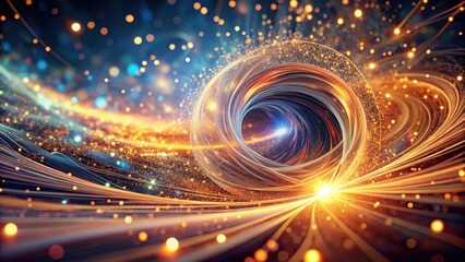 Naklejka premium A luminous vortex of light and energy, surrounded by a field of shimmering dust particles, creating an ethereal and captivating cosmic dance.