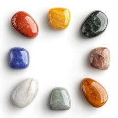 Naklejka premium A circular arrangement of colorful polished stones in various hues, showcasing their natural beauty and shine.