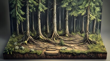 A 2D forest painting with 3D trees sprouting from the ground