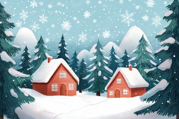 Fototapeta premium Two Cozy Red Cabins in a Snowy Forest