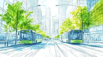 Obraz premium A vibrant urban sketch showcasing buses surrounded by greenery in a modern city setting.