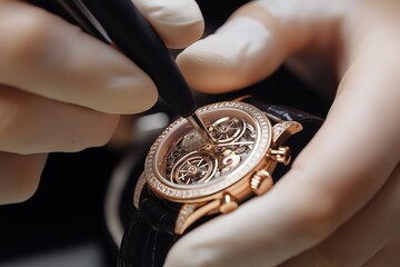 A skilled watchmaker carefully assembles a luxury watch, focusing intently as they manipulate small components and tools in a professional workshop environment. Generative AI