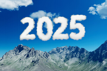 Cloud in the form of 2025 in the sky over the mountains