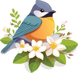 Invitation with bird and flowers. Green and blue. Design elements isolated on white background. Colorful