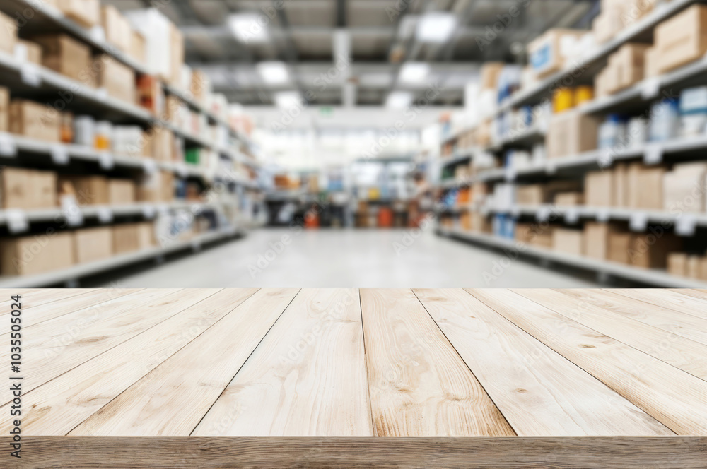 Poster empty wooden table in a supermarket, perfect for product display with warm tones contrasting the cle