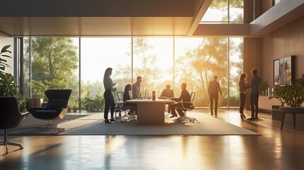 A diverse team of professionals engages in a collaborative meeting in a modern office, enjoying natural light from large windows while discussing ideas. Generative AI