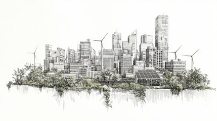 Fototapeta premium Innovative sketch of a sustainable cityscape with wind turbines and greenery, representing future urban planning and eco-friendly architecture.