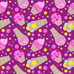 Tasty sweet ice cream flat cartoon seamless pattern on bright background. Vector illustration. Sweet sticker for street food, confectionery, bar, restaurants, snacks.