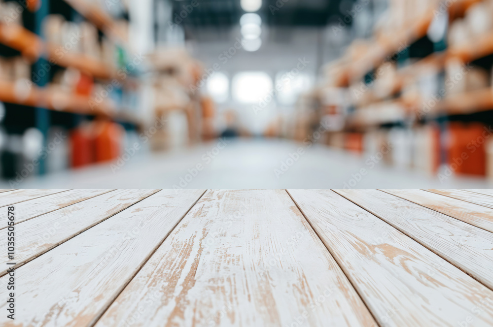 Poster empty white wooden table surface on blurred warehouse background providing montage display for produ