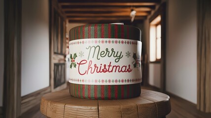 Christmas toilet paper roll with "Merry Christmas" label and rustic background
