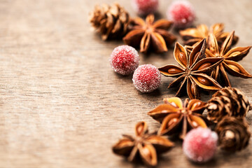 Christmas decoration on rustic wooden background. Close up.	