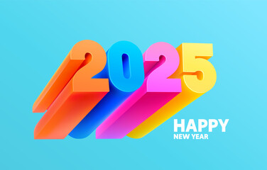 Happy New Year 2025. Modern colorful lettering design. 3D color numbers on blue background. Greeting banner design.