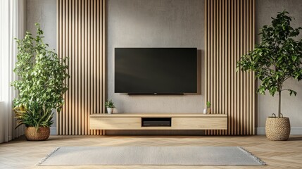 Minimalist living room with a flat screen TV mounted on the wall, wooden shelves and plants.