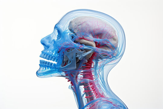 Skull bones of the human head with arteries and veins, anatomy. Human skull on a white background. Generative AI