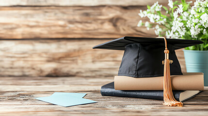 A graduation cap on a desk reflecting opportunity and achievement in a serene workspace