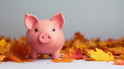 A cute piggy bank surrounded by colorful autumn leaves on a soft background.