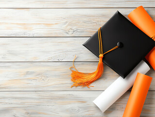 A graduation cap resting on a wooden table with empty space for personalization and celebration